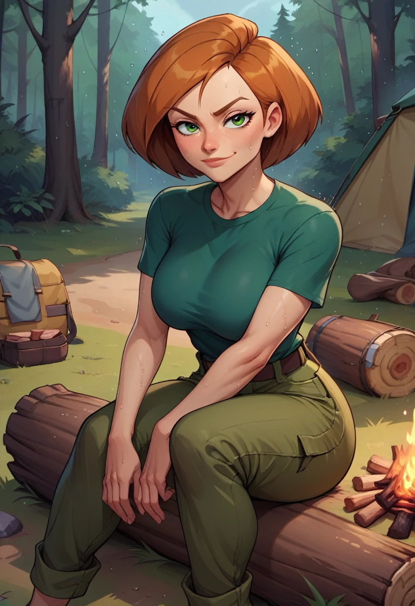 score_9, score_8_up, score_7_up, score_6_up, BREAK Ann possible, wearing green cargo shirt, cargo pants, big breasts, fully clothed evil smirk, sweating, in a forest, looking at viewer, short hair, raining, setting up a tent, campfire, dark clouds, hands resting on knees, sitting on a log