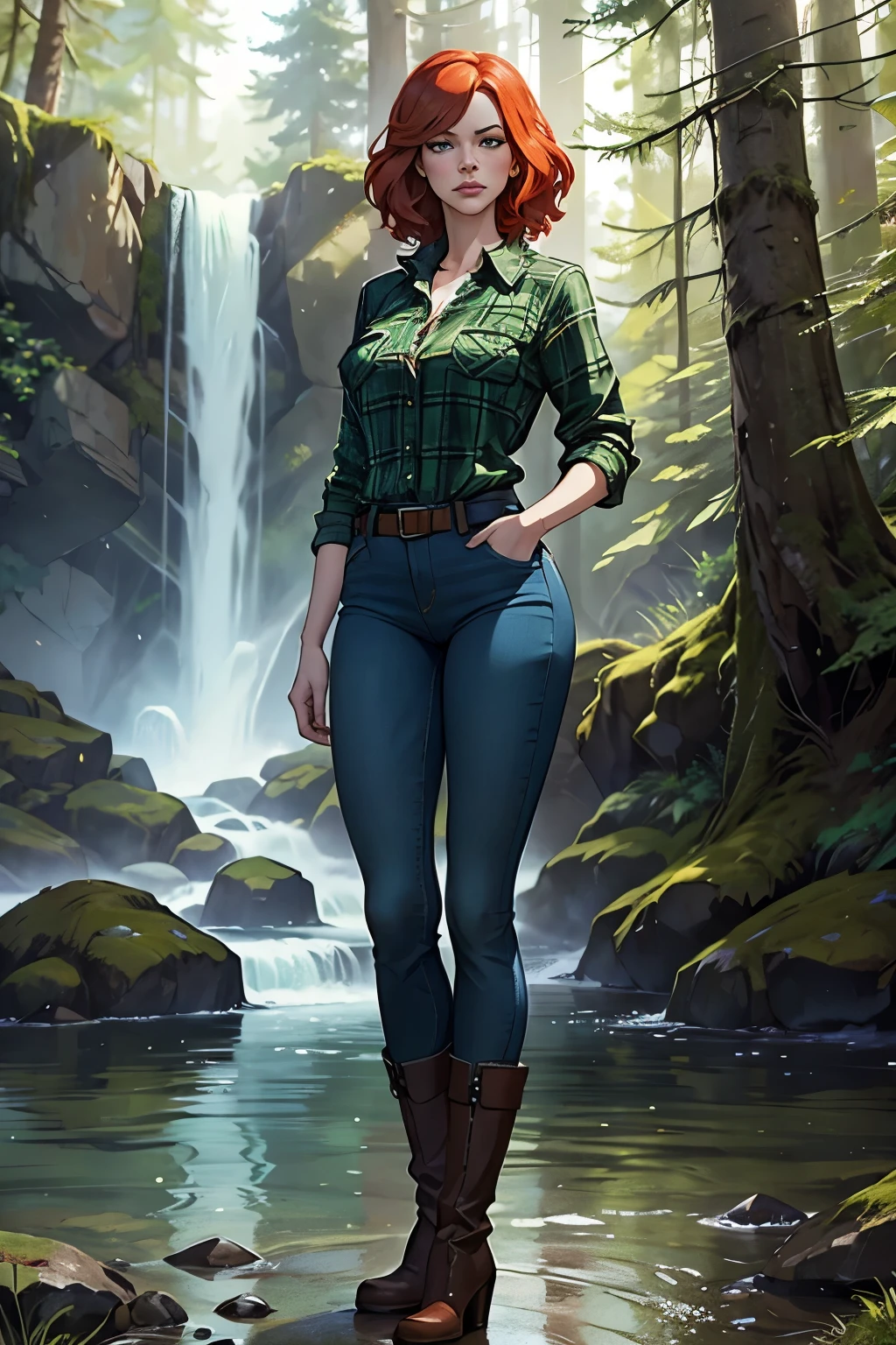 Christina Hendricks as Wendy from Gravity Falls, green plaid shirt, skinny jeans, heeled boots, serious look, standing in front of a forest waterfall and a lake