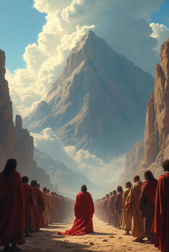 (Photorealism:1.2), Mount Sinai. cloud, sky. Moses meets God. Moses Approaches the Mountain. Make the clothes longer. Make people big. Moses praying. Figure big. 업드려서 Moses praying
사람 더 크게. Moses meeting with the leaders. Moses followed by the people.