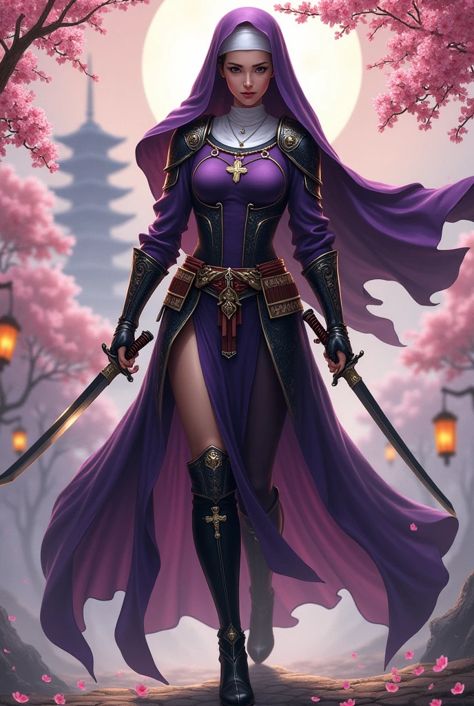 Create a dynamic portrait of a Samurai Nun, fusing religious devotion with warrior prowess. Her attire blends a traditional nun's habit with samurai armor: a deep purple bodysuit with a high slit, adorned with lightweight armor plates. A flowing purple veil replaces the kasa helmet, while a white wimple frames her face, bearing a small cross pendant. She wields a gleaming katana, its hilt adorned with religious symbols. Black, high-heeled boots with cross motifs complete her ensemble. A utility belt holds prayer beads and small weaponry. The background evokes a Japanese painting: cherry blossoms swirl in the wind, while a distant pagoda silhouette looms. Incorporate elements like floating lanterns, calligraphy scrolls, and stylized clouds to enhance the atmosphere. Use a color palette dominated by deep purples, blacks, and metallic accents, with splashes of cherry blossom pink. Convey a sense of grace, power, and spiritual intensity in her pose and expression, blending Western and Eastern iconography in this unique warrior-nun design.