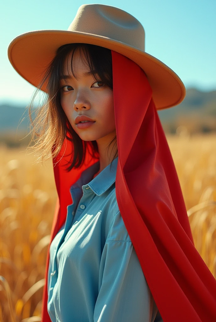 Jeune femme en chapeau portant une chemise sur la tête, dans le style bleu ciel clair et rouge foncé, fujifilm pro 400H, kintsugi, Alex Colville, euh image, Style Troubadour, Portrait fauve (Coup moyen)