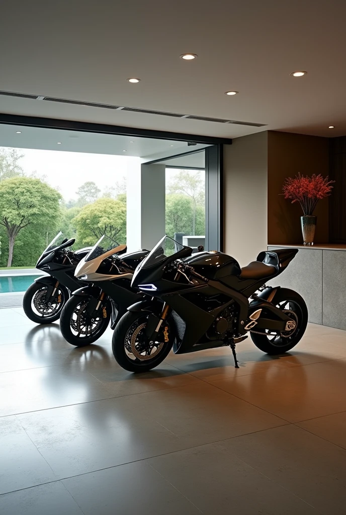 Villa parking room, park 3 sports bick in 3 halmats 2 bick black colour and 1 waith