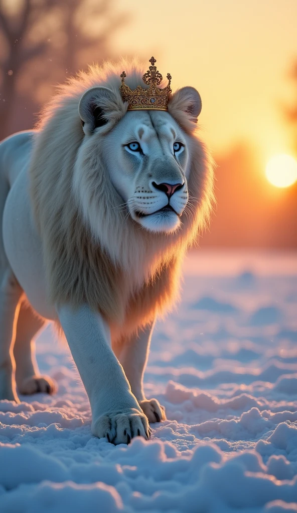 Generate an ultra realistic 8k image of an Albino lion with a large mane , a king's crown on his head and beautiful strong robust with blue eyes strong handsome, staring at the sunrise in the snows