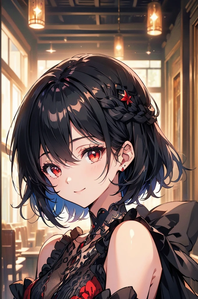 (masterpiece, highest quality, highest quality, (No text), Beautiful and aesthetic:1.2),No text,アニメ、BREAK,One Girl,Black Hair Girl short hair older sister choker Beautiful eyes Red eyes cool smile Black and Red whole body In town
