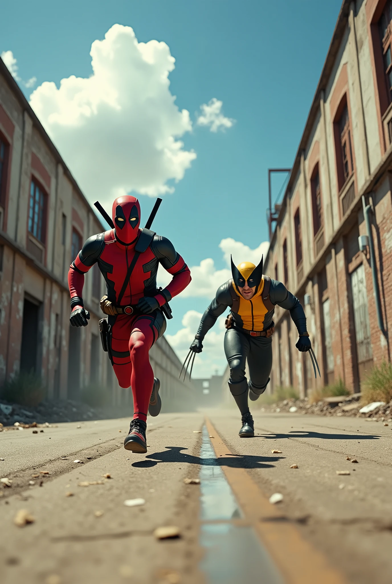 (photorealism:1.2), (HDR quality image), (realism), (detailed parts), the deadpool is running scared he is chasing by the wolverine is jumping high to catch him, in the old factory warehouse outdoor area, bright and blue sky