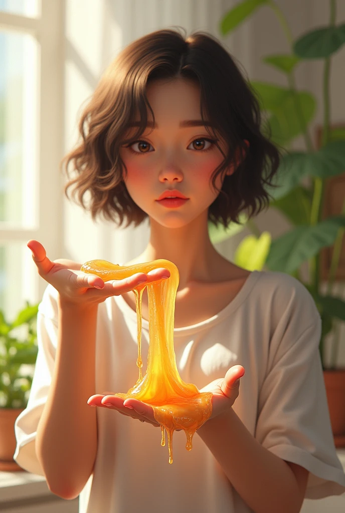 A realistic girl of 21 ageshowing tenacious in her hand, showing its viscosity on the palm of other hand