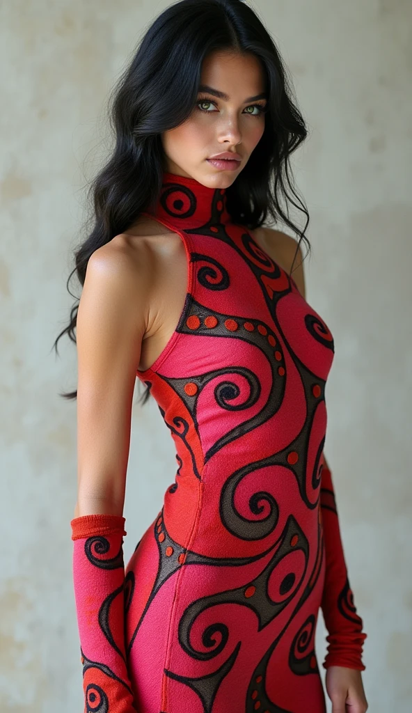 a breathtaking high-fashion photography portrait of a single model showcasing a vibrant, anatomically inspired woolen clothing collection set against a clean, neutral background, with the subject posing in a dramatic, curved silhouette, highlighting the intricate details of the garments, which feature colorful, swirl-patterned designs resembling internal organs, such as the heart, lungs, and brain, with the fabrics flowing and draping elegantly around the model's slender figure, capturing the luxurious texture and dimension of the wool, with a subtle, natural makeup look and sleek, raven-black hair styled in loose, flowing waves, accentuating the model's striking, heart-shaped face, full lips, and piercing, emerald-green eyes, with the overall aesthetic evoking a sense of opulence, sophistication, and avant-garde style.