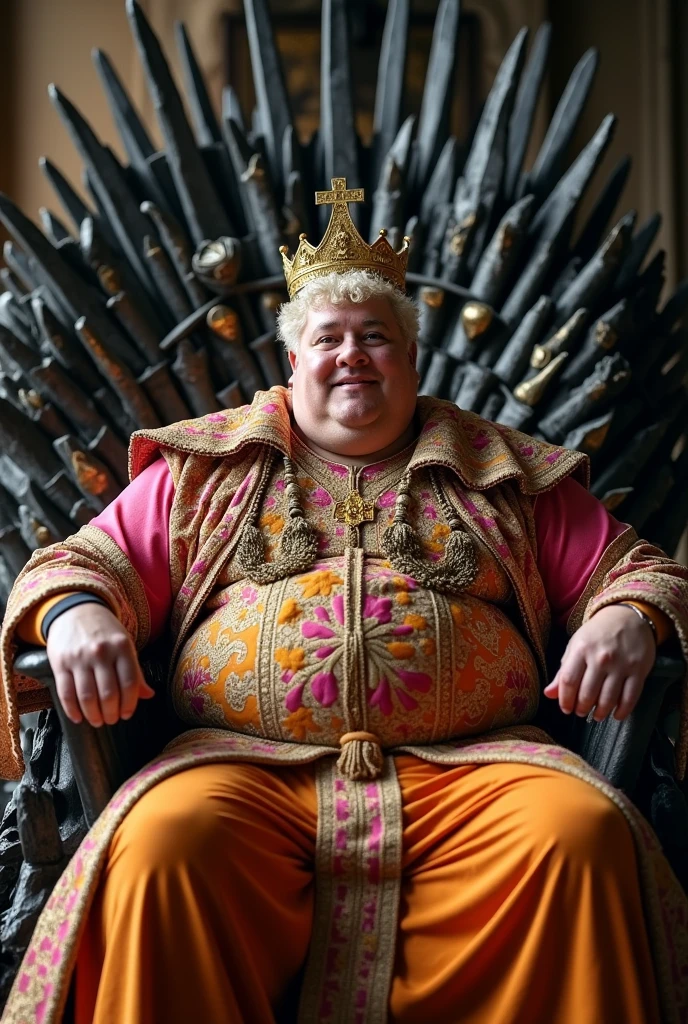 A fat Aegon Targaryen with belly fat and Short curly platinum blonde hair, he's wearing a royal orange and pink king Gown with golds, he's sitting on the iron throne,a golden crown on his head,long Shot camera angle
