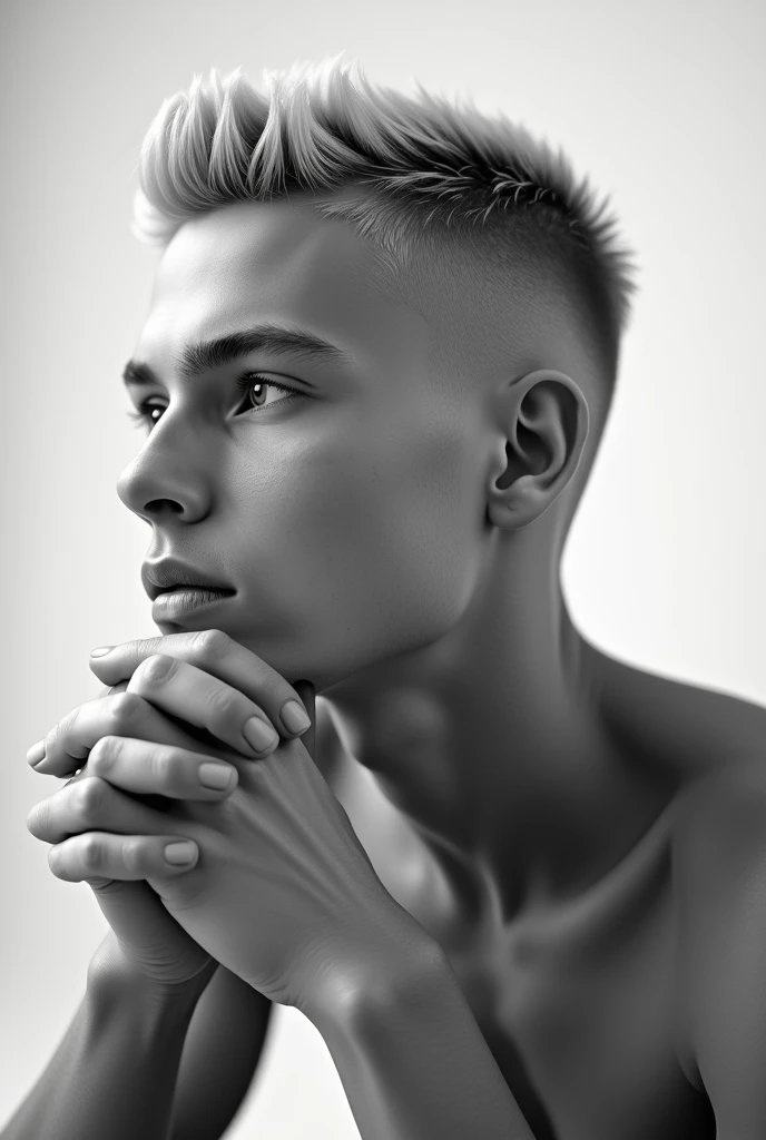 best qualityer:1.4), (ultra high resolution:1.2), (photorrealistic:1.4), (8k, CRU photo:1.2), a thin young man of 20 years old, skin black, with a smooth, beardless face, buzzcut haircut with blonde highlights, is wearing a black sweatshirt. Create a black and white image of elegant and thoughtful in an intimate portrait. He is resting his face in his hands, with fingers interlaced in front of the chin, conveying an expression of deep contemplation. Soft lighting enhances facial features and creates subtle shadows, while the background is minimalist, keeping the focus entirely on the central figure.