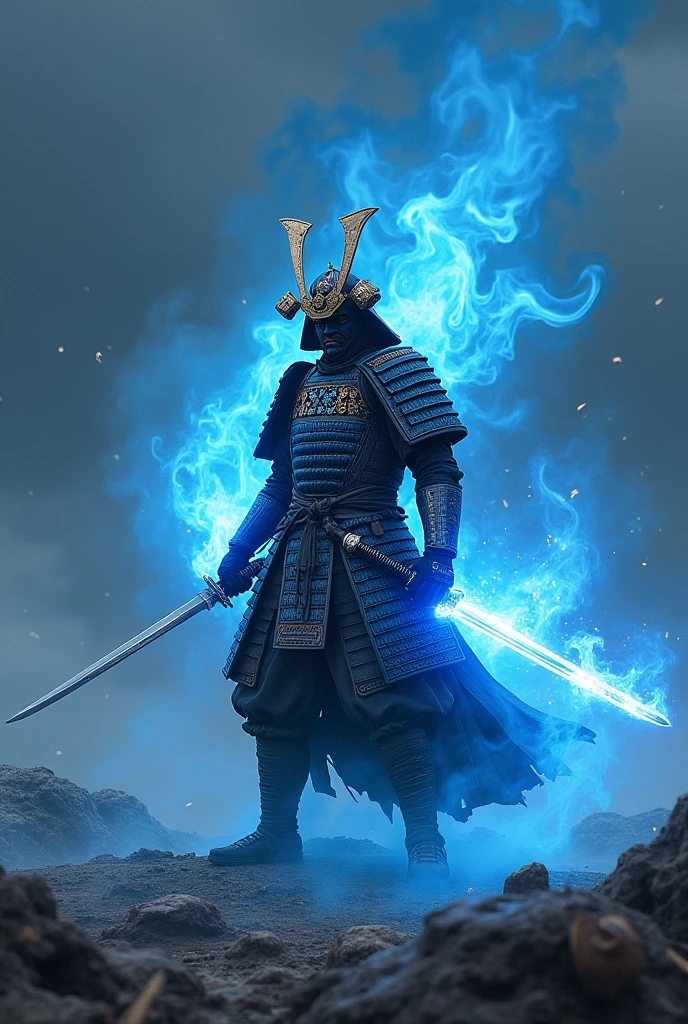 masterpiece、最high resolution、high resolution、Detailed Description、beautiful、art、One Samurai、Samurai surrounded by blue flames、beautiful甲冑、Samurai brandishing a sword、Sharp-eyed Samurai、A glare at me、The sword is engulfed in blue flames、battlefield、A tense scene、Ink Painting、Movie poster motif、Inspired by The Last Samurai、4K Graphics、