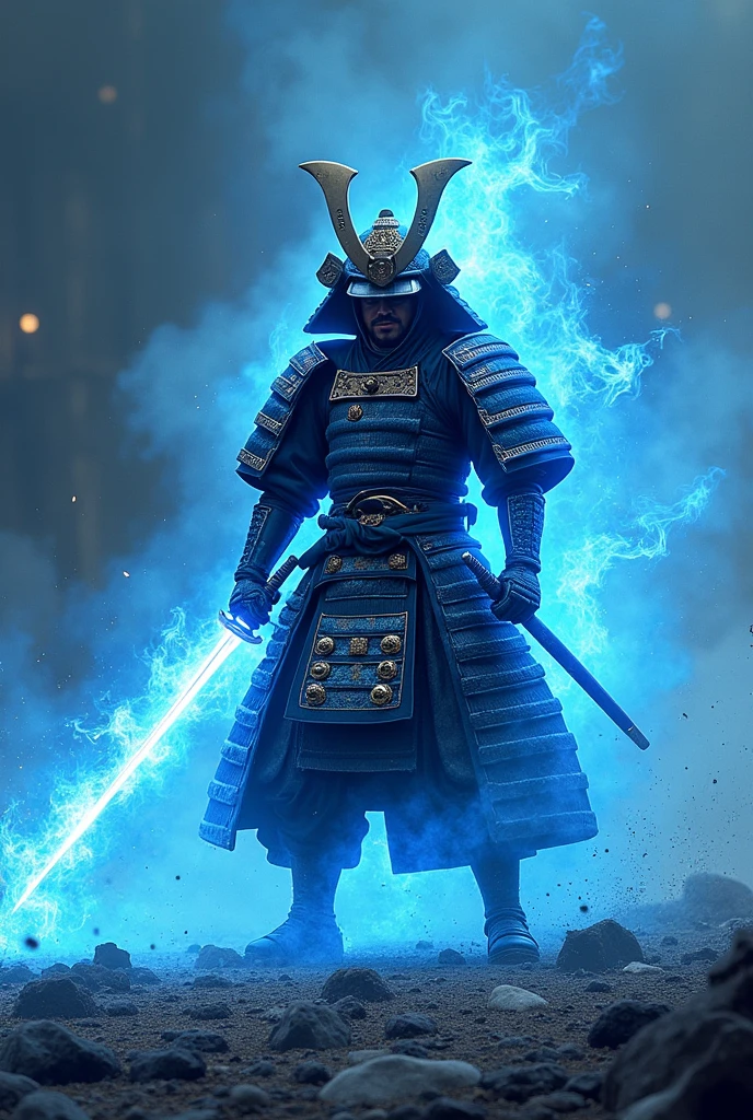 masterpiece、最high resolution、high resolution、Detailed Description、beautiful、art、One Samurai、Samurai surrounded by blue flames、beautiful甲冑、Samurai brandishing a sword、Sharp-eyed Samurai、A glare at me、The sword is engulfed in blue flames、battlefield、A tense scene、Ink Painting、Movie poster motif、Inspired by The Last Samurai、4K Graphics、