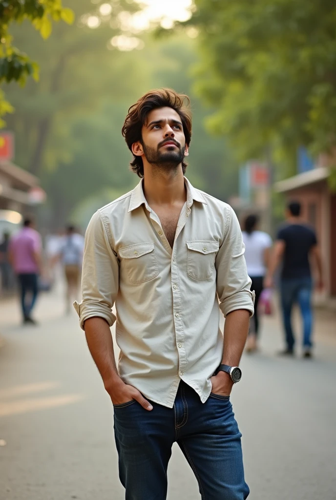 A boy looks like actor Hrithik Roshan. Age 25 years. his hair is disheveled. He is standing on road in residential area. his mouth is shut. He wearing jean and light color shirt. some people walking on road. he's looking up. His complexion is very fair.