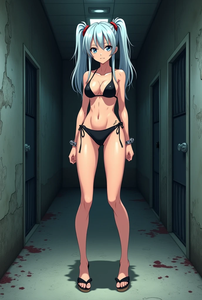 Arrested female criminal with cuffed hands with silver pigtails in bikini and wedge sandals in prison, anime, ((hands are handcuffed)) 