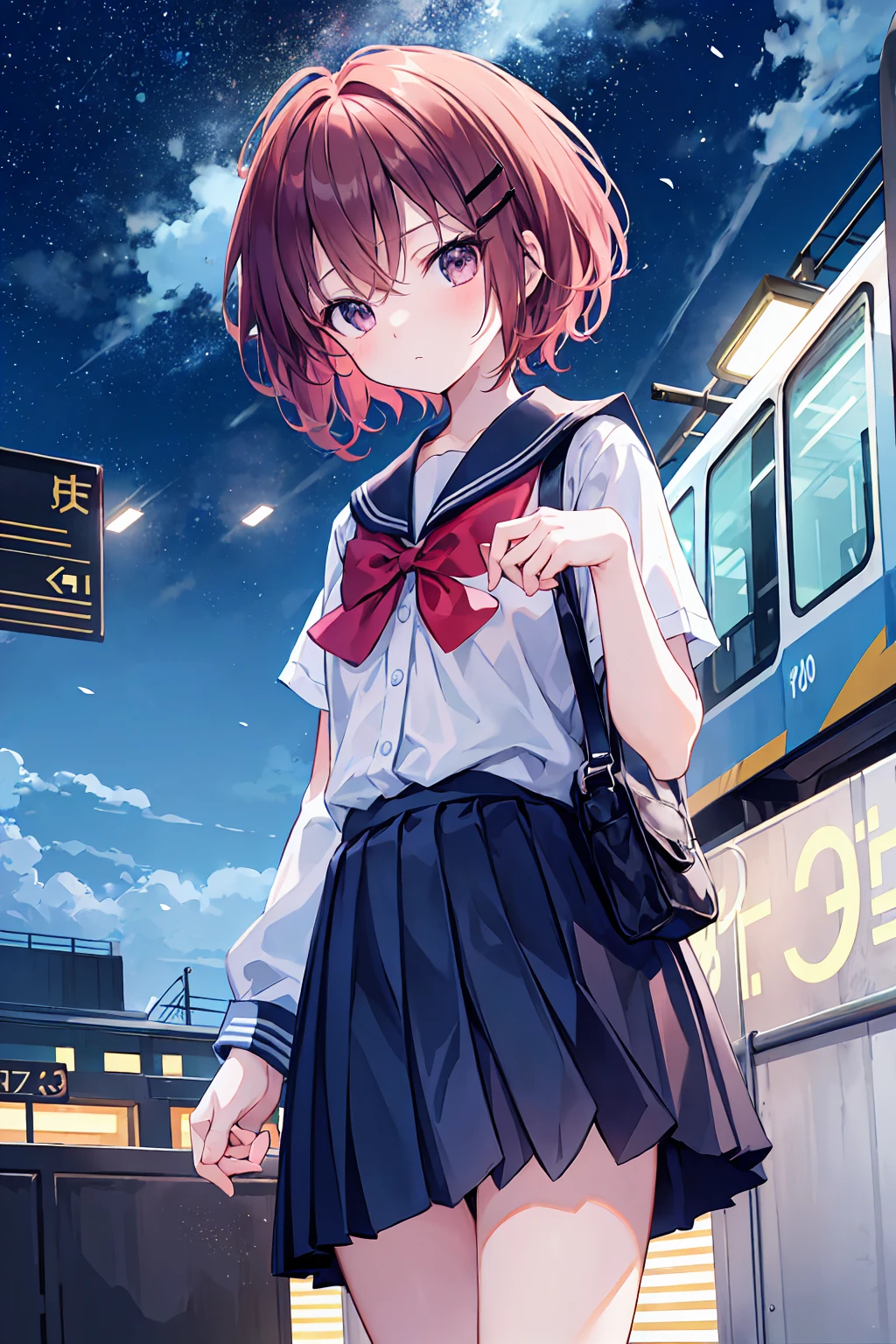 God-like quality, Anime Moe Art Style,Best Anime 8K Konachan Wallpaper,pixiv grand prize,Perfect Anatomy, (Draw a picture of someone walking to school looking sleepy.. ),break, One person, (alone,,child,13 years old:1.3),high school student, Very short hair,Parted bangs,(Hair on one eye:1.2), Complete limbs, Full Finger,Medium chest, between legs, Small eyes,Precise black eyes, Hair Clip, school uniform, School zone. break,Very detailed,High resolution,Very detailed肌, Professional Lighting,8k eye detail, (Cute illustrations:1.2),Station platform，You can see the train，