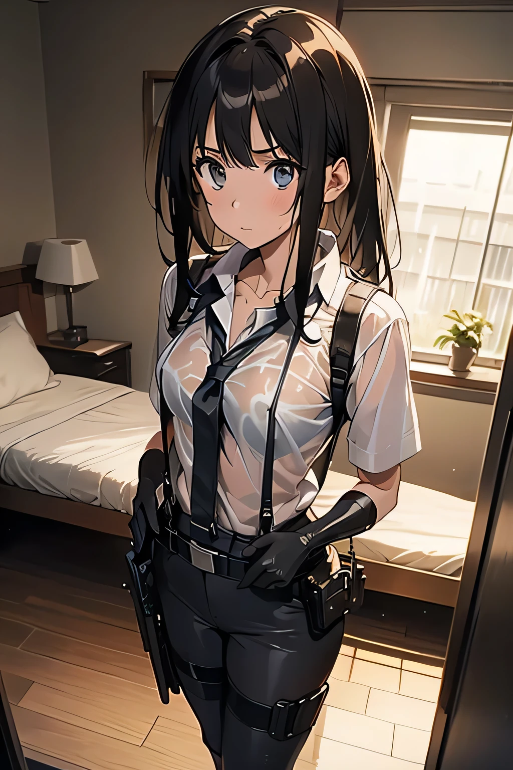 1 female, , high quality, masterpiece, Ultra-high resolution, , Cinema Lighting, , , And the suspenders with the cranes flying　　　Large Breasts　 　 　　　　Small face　 　　　holster　　　　　　　 Lying in bed　Looking up　　　　Sweat 　　　belt　summer　脇Sweat 　Black Hole Gloves　suit　shirt　　Black jacket　 Black trousers　Leg Links　ズボンにbelt　　holster　 　　Hands behind your back　 Anxious expression　Looking up　Anxious face, legs apart　Armament　　Cable ties　レッグholster　holster　See-through clothing　heavy rain　Getting wet in the rain