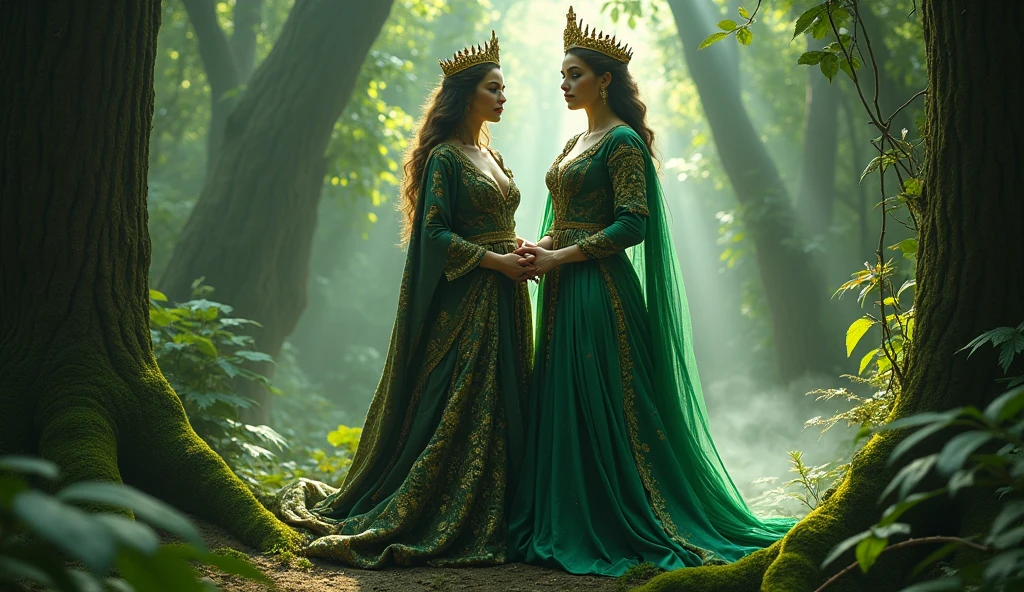 The queen and the witch woman in forest