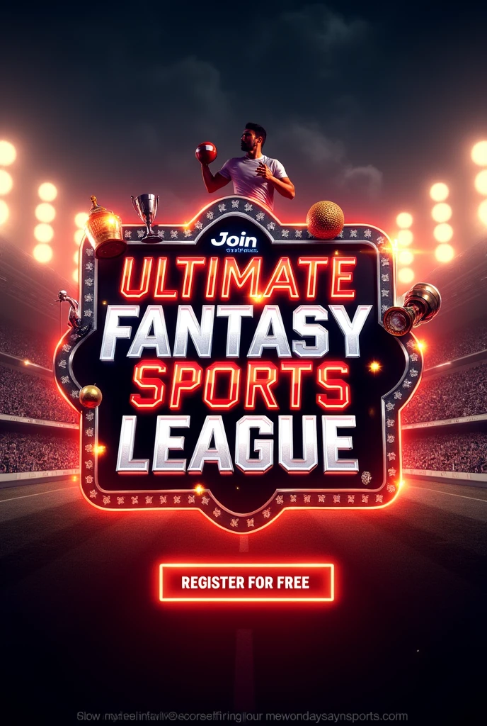 Design an engaging and dynamic banner for a fantasy sports event called "YourSay," inspired by major events like Dream11's Mega Event. The banner should excite sports fans and encourage participation.

Requirements:

Theme and Message:

Event: YourSay Fantasy Sports Event.
Message: Highlight the excitement and competition, e.g., "Join the Ultimate Fantasy League," "Win Big in the YourSay Mega Event!"

Dimensions:

Web Banner: 1200x600 pixels

Design Elements:

Colors: Use bold, vibrant colors like red, black, and white, or colors that reflect your brand.
Typography: Choose dynamic, strong fonts that convey excitement and urgency.
Images/Graphics: Incorporate sports imagery such as athletes, stadiums, or trophies. Include dynamic elements like light effects, motion lines, or gradients for added energy.
Call to Action (CTA): Feature a prominent CTA like "Play Now," "Register for Free," or "Enter the Mega League!