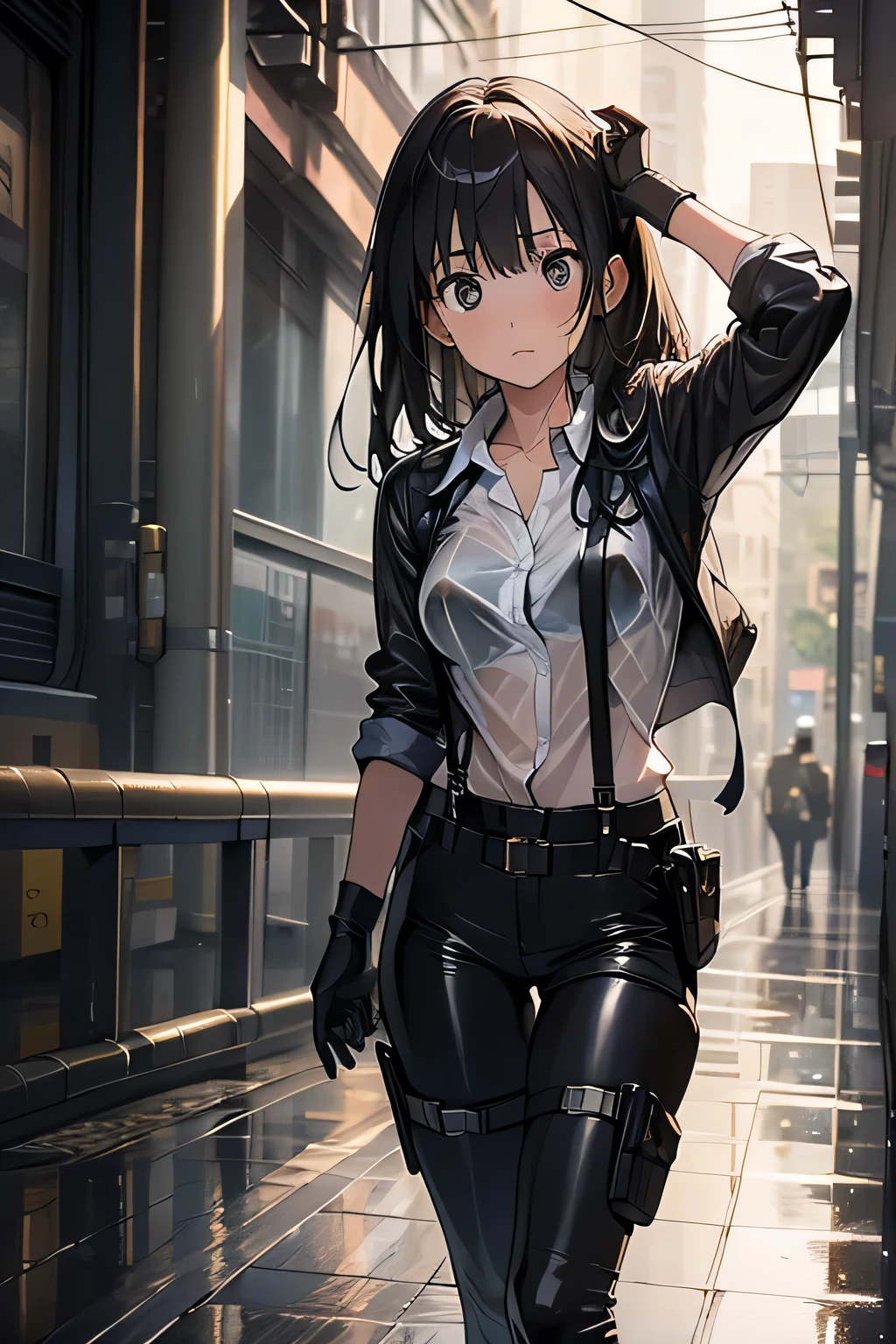 1 female, , high quality, masterpiece, Ultra-high resolution, , Cinema Lighting, , , And the suspenders with the cranes flying　　　Large Breasts　 　 　　　　Small face　 　　　holster　　　　　　　 Lying in bed　Looking up　　　　Sweat 　　　belt　summer　脇Sweat 　Black Hole Gloves　suit　shirt　　Black jacket　 Black trousers　Leg Links　ズボンにbelt　　holster　 　　Hands behind your back　 Anxious expression　Looking up　Anxious face, legs apart　Armament　　Cable ties　レッグholster　holster　See-through clothing　heavy rain　Getting wet in the rain