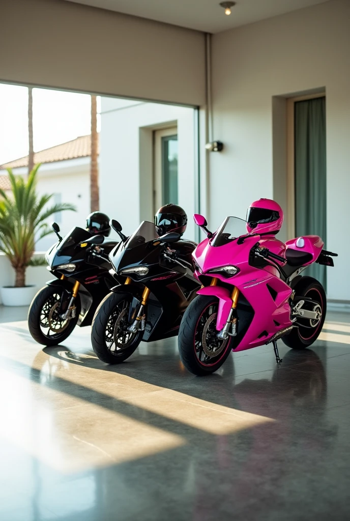 Villa parking room, park 3 sports bick in 3 halmats 2 bick black colour and 1 pink 