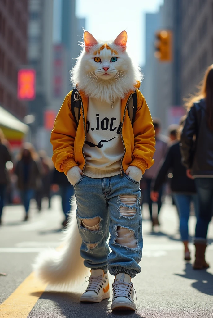 Generates a hyperrealistic image of a white Manie Coon cat which has 2 yellow spots on its forehead and has one light blue eye and the other yellow eye., He also has brand name clothes "Joke" trendy with ripped jeans and sneakers because he is being photographed as a model, so it simulates a model pose. The place is New York street