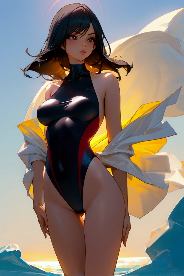 Black Hair long Small breasts Swimsuit forward posture front