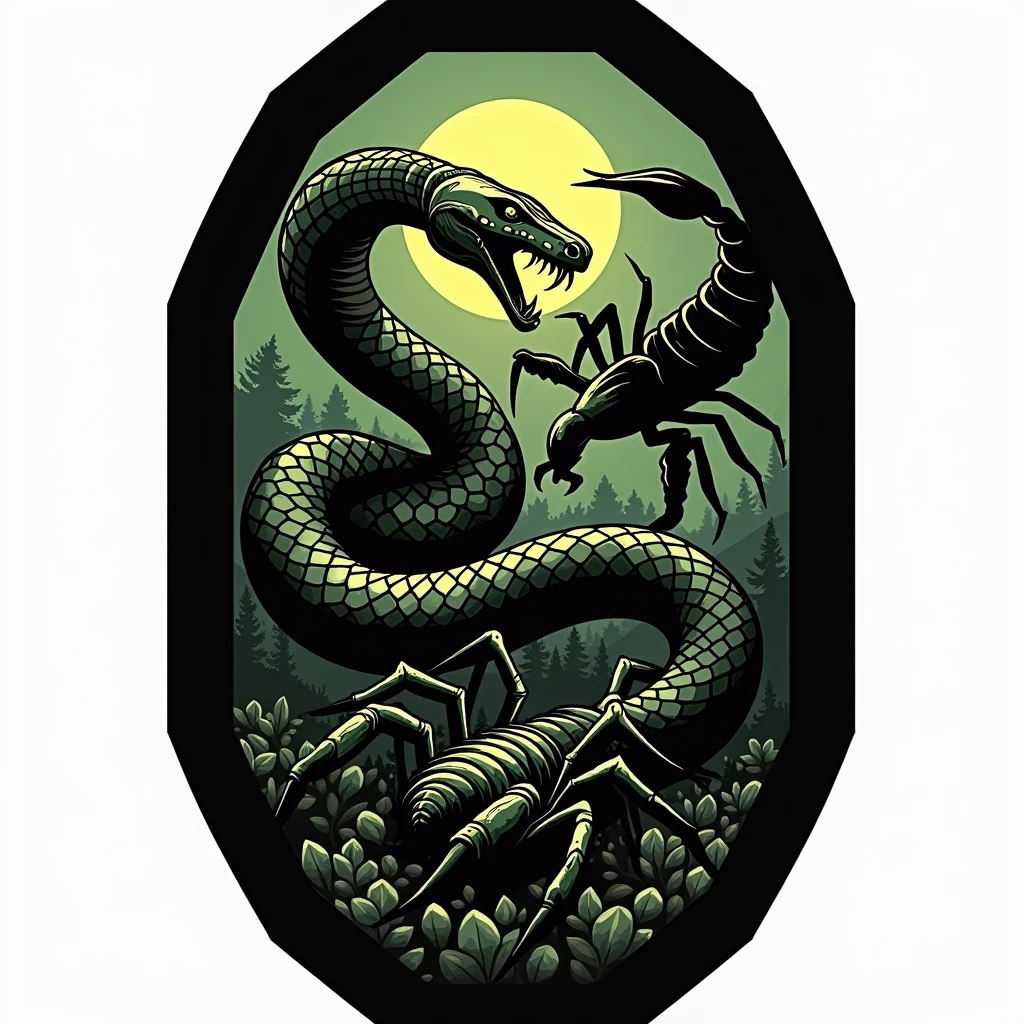 Image for military patch  ,Triangular format  , green and black  , rescue of venomous animals with snake scorpion and spider With square black background