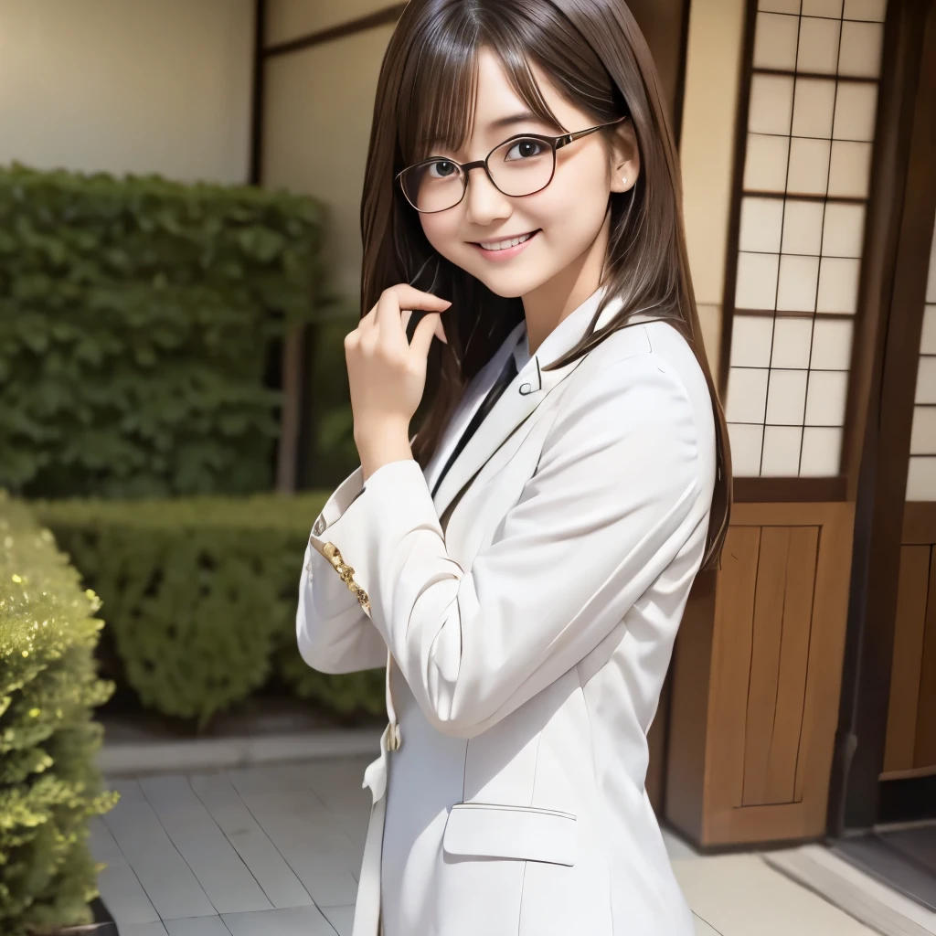 Woman in a white suit。Full body front、Japanese、Relatively white skin、The outfit is cute。I wear frameless glasses。Her hair is light brown and short。I'm smiling shyly。With your hands running through your hair、One ear is visible。