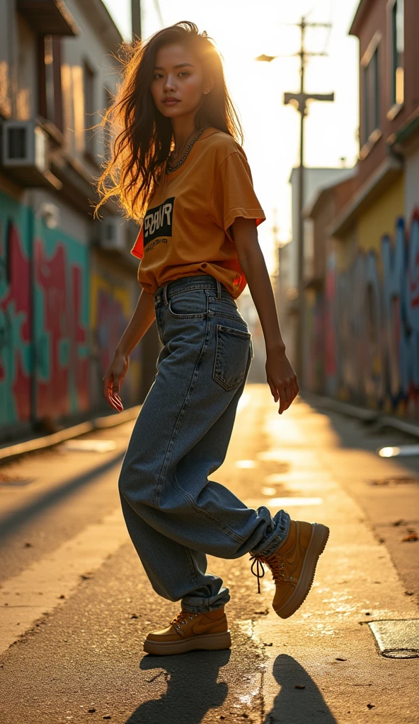 1 asian female, streetstyle hiphop fashion, baggy thick edgy loose clothing, shuffiling c-walk, footwork