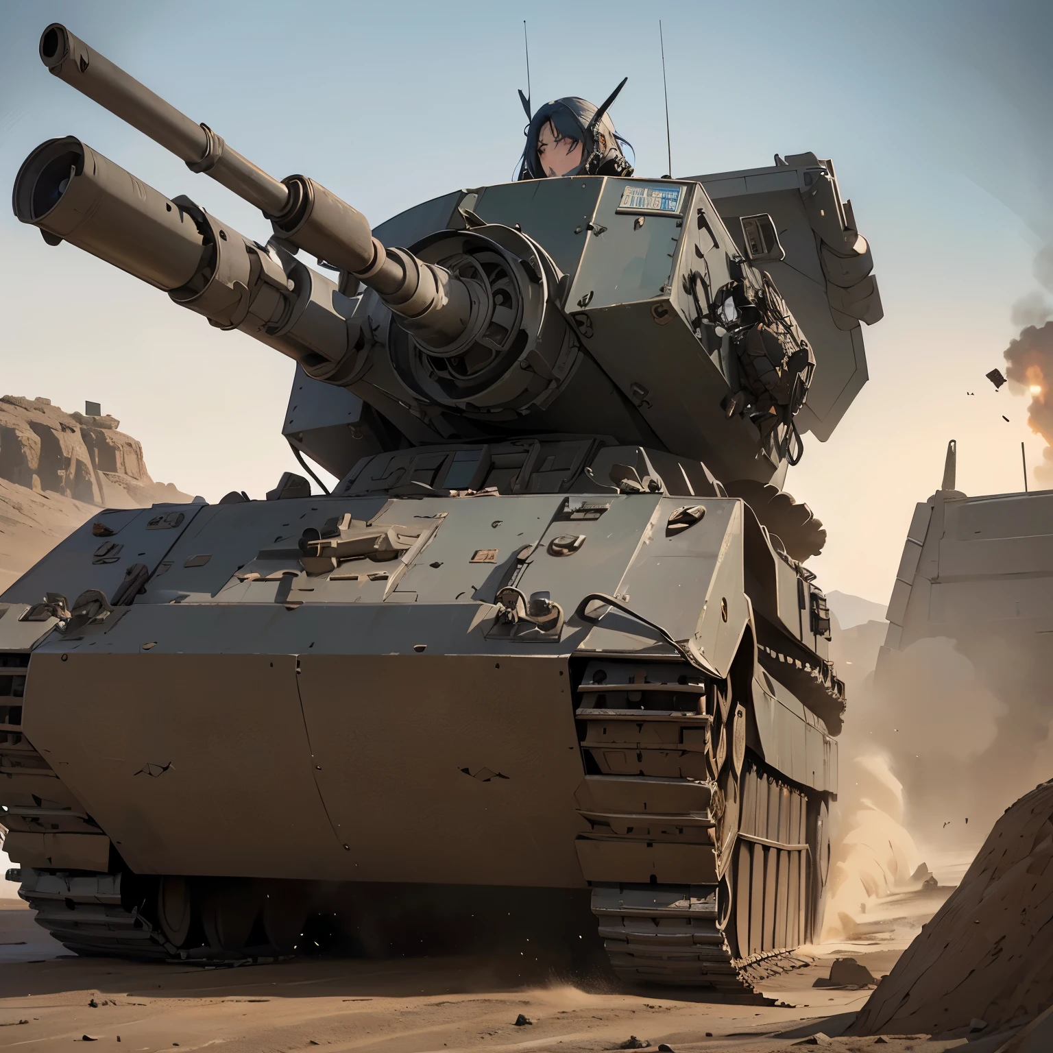 nsfw, anime screencap, 16K, perfect anatomy proportion body, perfect hands, action, A dynamic composition with a sense of speed and movement, (open cockpit, Ride large, heavily armored military heavy equipment:1.6), a wife, 40age, perfect beautiful delicate sexy face, perfect beautiful delicate drooping eyes, blue hair, hair bun, large breasts, abs, Camouflage-colored heavy armored steam engine full armor powered suit, Many heavily armored robot soldiers are engaged in a firefight in the background., Flying bullets, Desert Battlefield, war, Post-apocalyptic,
