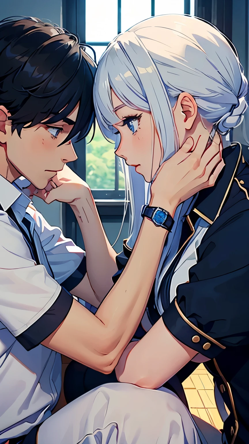 top-quality　​masterpiece　Male and female couples　Male and female couples　A man is confessing his love to a woman　Woman embarrassed　high-school uniform　2 Frame Cartoon Blue Eyes