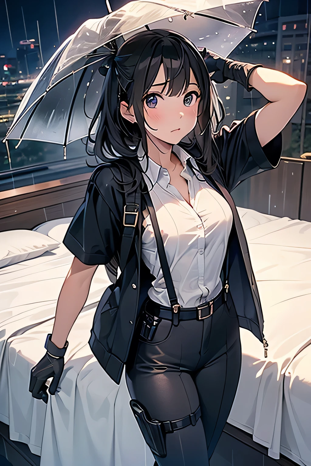1 female, , high quality, masterpiece, Ultra-high resolution, , Cinema Lighting, , , And the suspenders with the cranes flying Large Breasts Small face holster Lying in bed Looking up Sweat belt summer 脇Sweat Black Hole Gloves suit shirt Black jacket Black trousers Leg Links ズボンにbelt holster Hands behind your back Anxious expression Looking up Anxious face, legs apart Armament Cable ties レッグholster holster See-through clothing heavy rain Getting wet in the rain