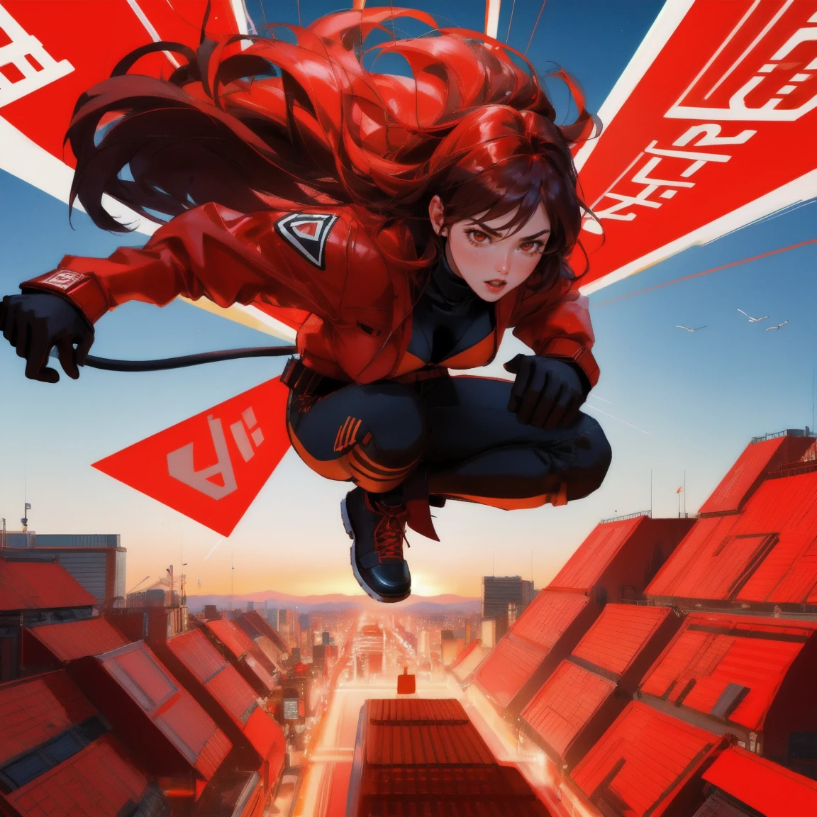 red-themed action scene featuring a girl alongside an energetic ape. The ape is leaping forward, clutching a giant Bitcoin symbol with excitement. The background includes soaring financial charts, glowing Bitcoin coins, and dynamic lines, creating an intense and energetic atmosphere.