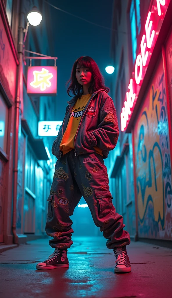 90s cartoon, 1 asian female, streetstyle hiphop fashion, baggy thick edgy  loose clothing, dancing shuffling  footwork ,  expressive pose, urban allyway environment, neon lights, cinematic lighting,, extremely detailed, photorealistic, 8k, film grain, dynamic composition, high quality, masterpiece