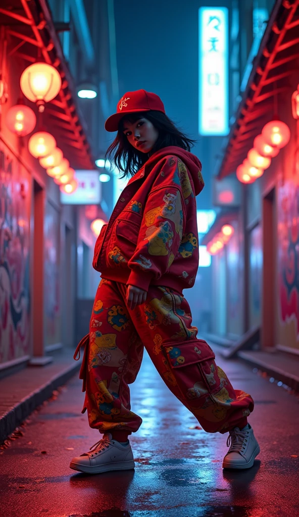 90s cartoon, 1 asian female, streetstyle hiphop fashion, baggy thick edgy loose clothing, dancing shuffling footwork , expressive pose, urban allyway environment, neon lights, cinematic lighting,, extremely detailed, photorealistic, 8k, film grain, dynamic composition, high quality, masterpiece