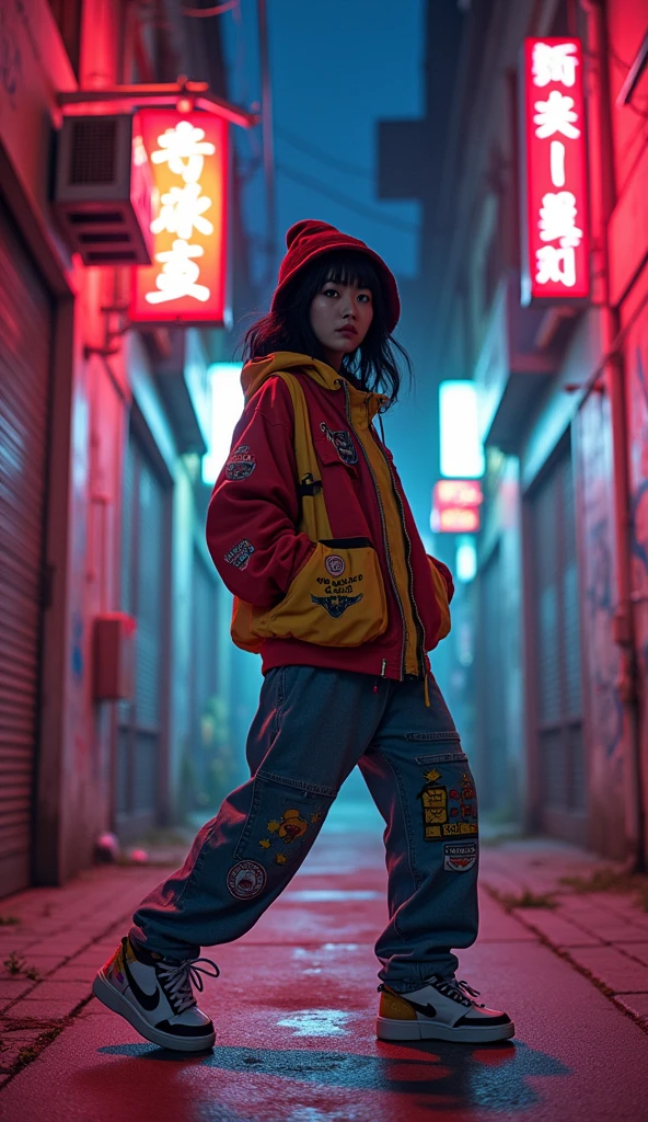 90s cartoon, 1 asian female, streetstyle hiphop fashion, baggy thick edgy  loose clothing, dancing shuffling  footwork ,  expressive pose, urban allyway environment, neon lights, cinematic lighting,, extremely detailed, photorealistic, 8k, film grain, dynamic composition, high quality, masterpiece