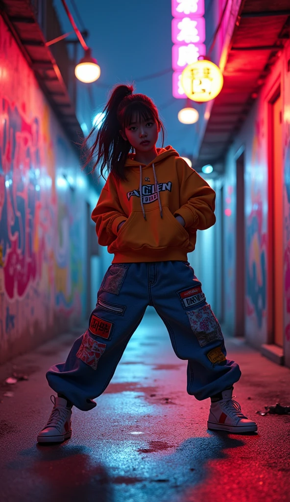 90s cartoon, 1 asian female, streetstyle hiphop fashion, baggy thick edgy  loose clothing, dancing shuffling  footwork ,  expressive pose, urban allyway environment, neon lights, cinematic lighting,, extremely detailed, photorealistic, 8k, film grain, dynamic composition, high quality, masterpiece