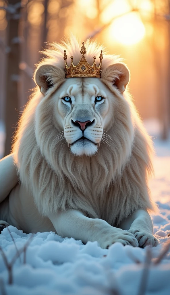 Generate an ultra realistic 8k image of an Albino lion with a large mane , a king's crown on his head and beautiful strong robust with blue eyes strong handsome, staring at the sunrise in the snows