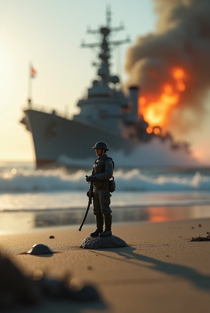 macro lens, soldier miniature, stands on the shore, against the background of a warship, burns, sinks, soft light --ar 3:4