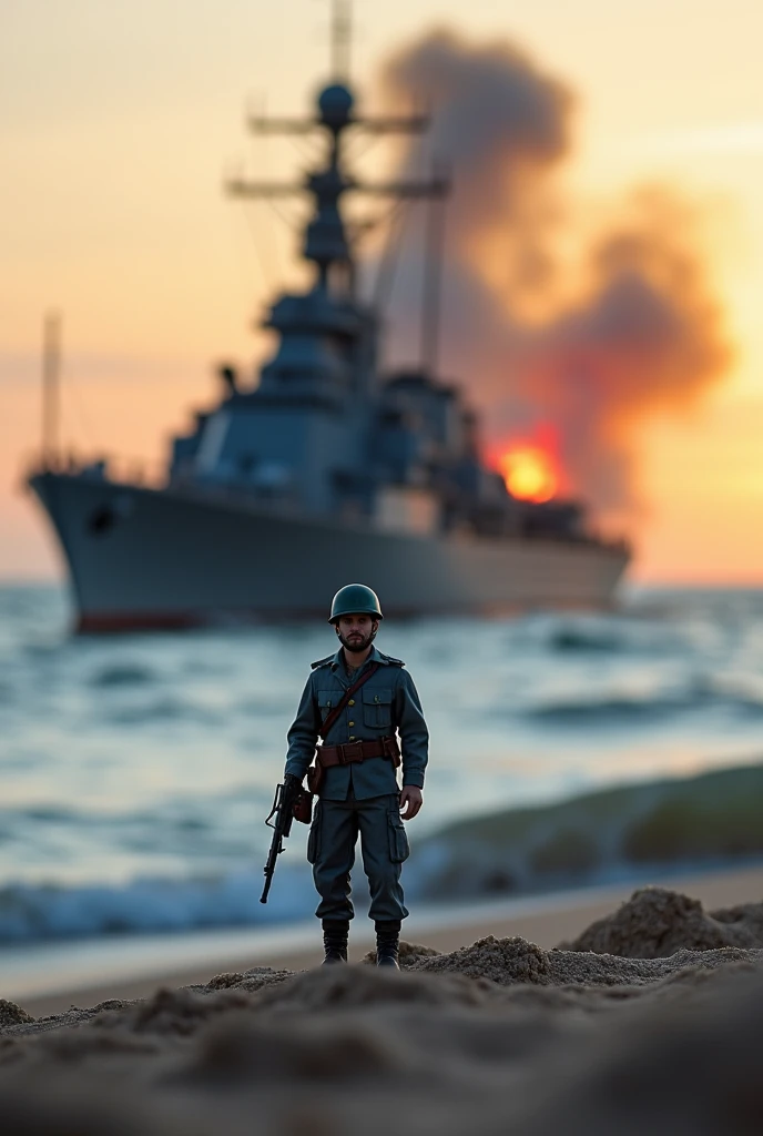 macro lens, soldier miniature, stands on the shore, against the background of a warship, burns, sinks, soft light --ar 3:4