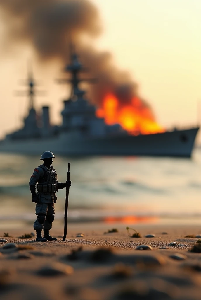 macro lens, soldier miniature, stands on the shore, against the background of a warship, burns, sinks, soft light --ar 3:4