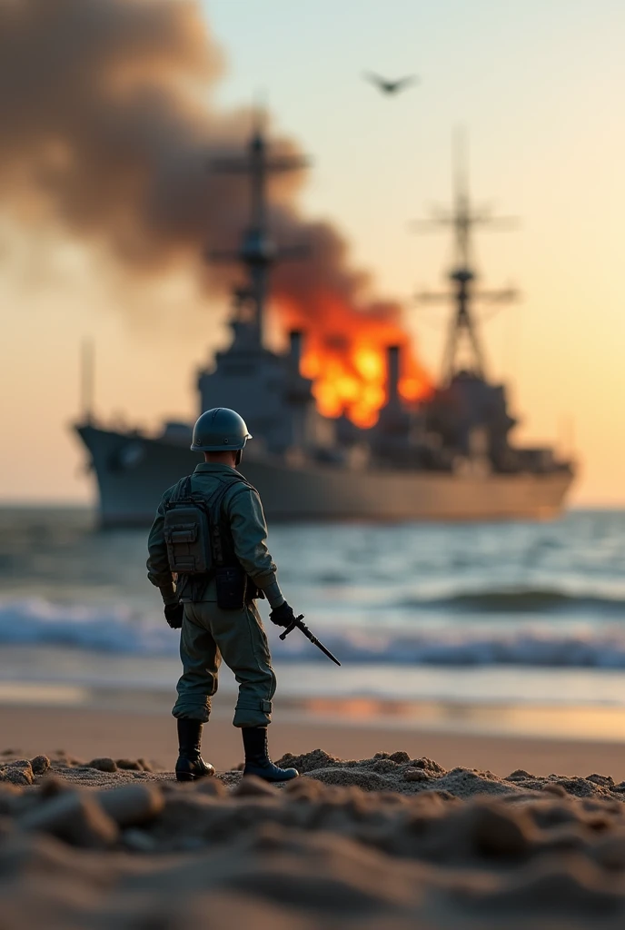 macro lens, soldier miniature, stands on the shore, against the background of a warship, burns, sinks, soft light --ar 3:4