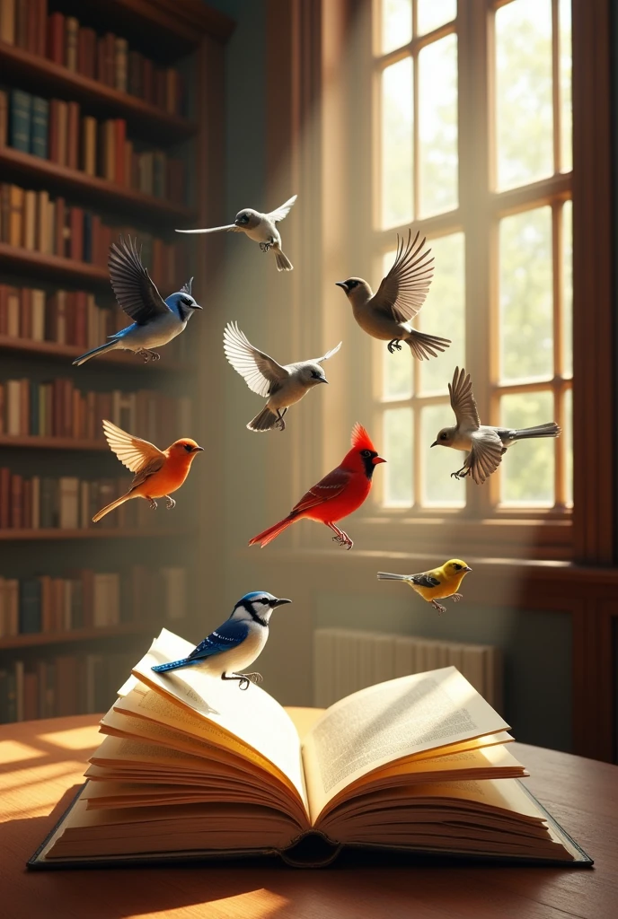 An open book with birds coming out of it