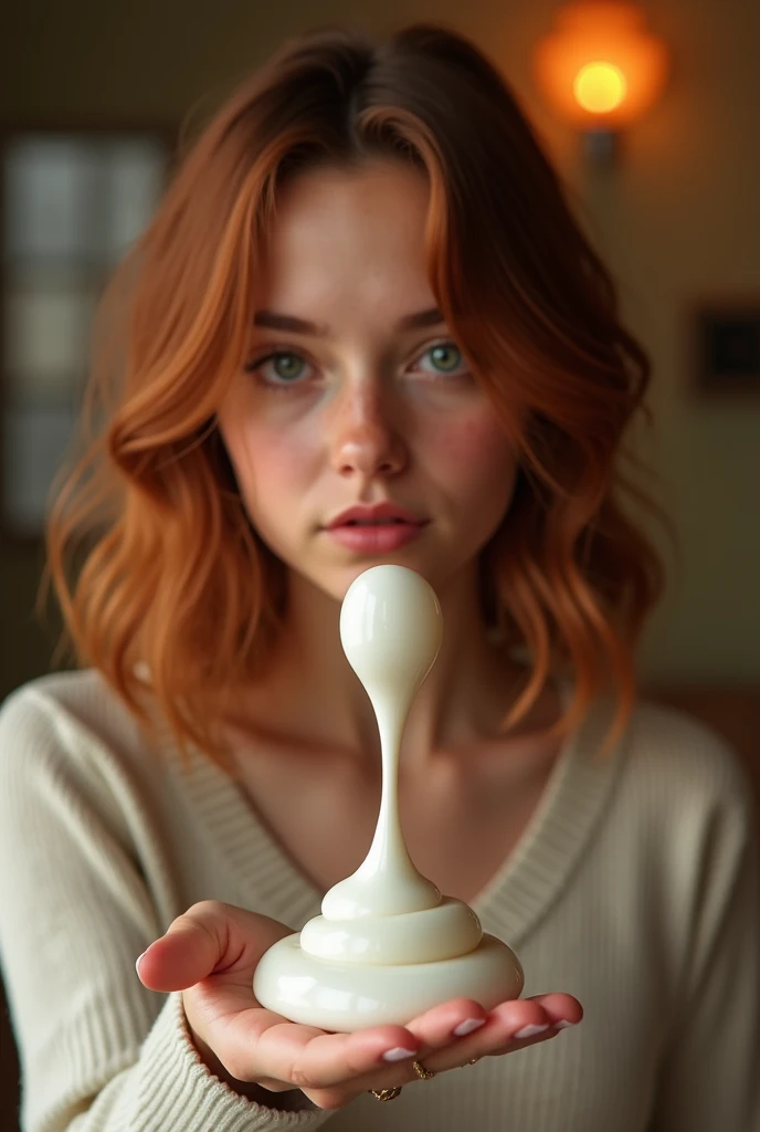 A realistic girl of 21 ageshowing white color liquid tenacious in her hand, showing its viscosity on the palm of other hand