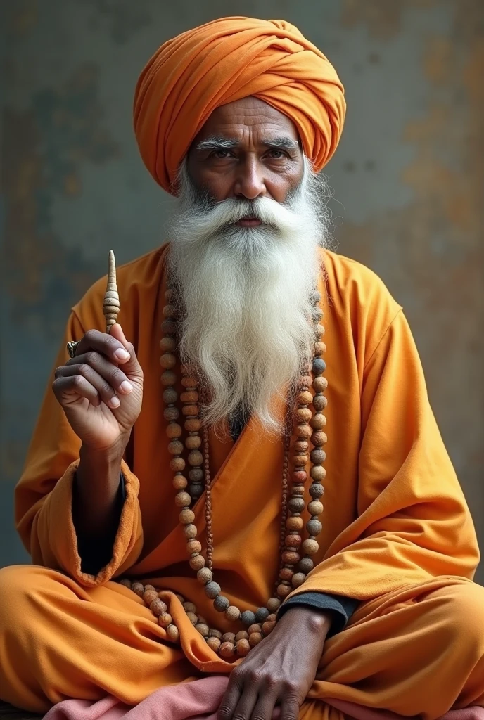 Guru Nanak Dev Ji: An elderly, wise man with a white beard, wearing simple robes and a turban. He holds a mala (prayer beads) in one hand, symbolizing meditation and spirituality.