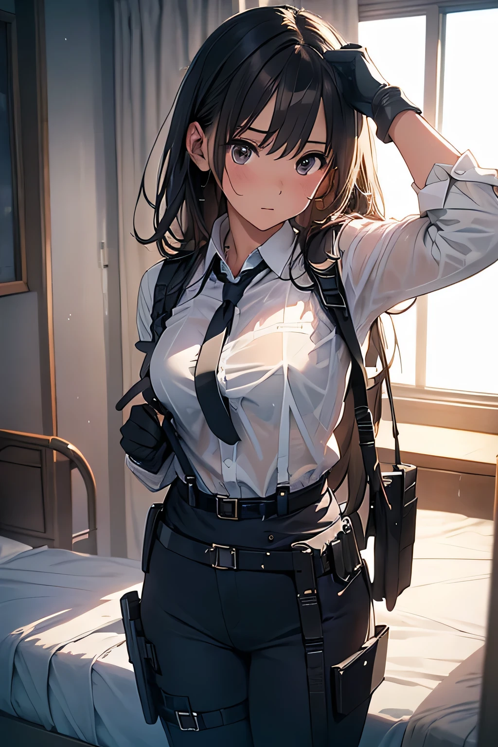 1 female, , high quality, masterpiece, Ultra-high resolution, , Cinema Lighting, , , And the suspenders with the cranes flying Large Breasts Small face holster Lying in bed Looking up Sweat belt summer 脇Sweat Black Hole Gloves suit shirt Black jacket Black trousers Leg Links ズボンにbelt holster Hands behind your back Anxious expression Looking up Anxious face, legs apart Armament Cable ties レッグholster holster See-through clothing heavy rain Getting wet in the rain