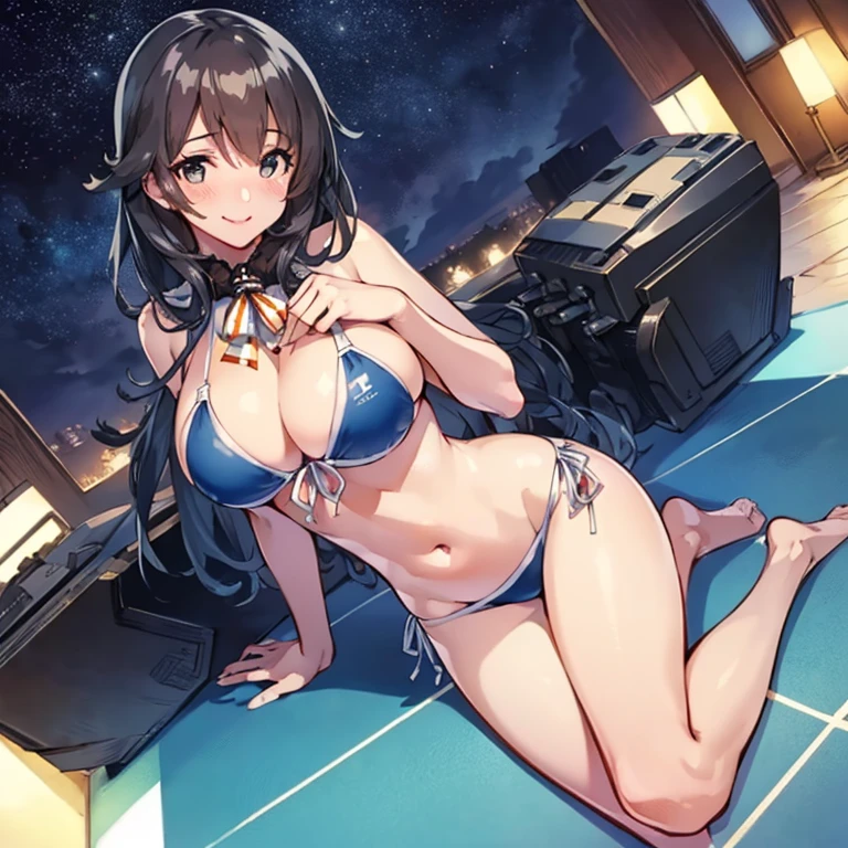 AtagoKC, (Atago) uniform
,(masterpiece:1.4),(best quality:1.4), (premium:1.4), (great illustration:1.4), (ultra-detailed:1.4),(art CG, 8K), KonishiCSA,1girl,solo,
 full body,Starry Sky,blush,smile,
(bikini:1.4),
