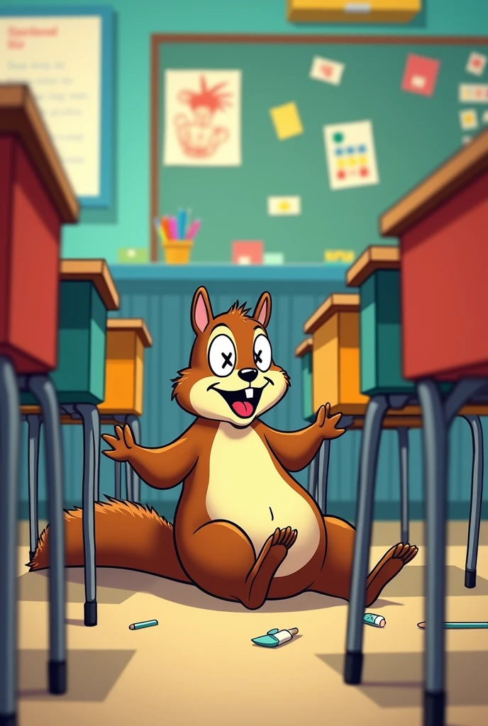 1 Dead squirrel, cartoon style, classroom in the background, x as eyes, tongue out, lying dead on its back