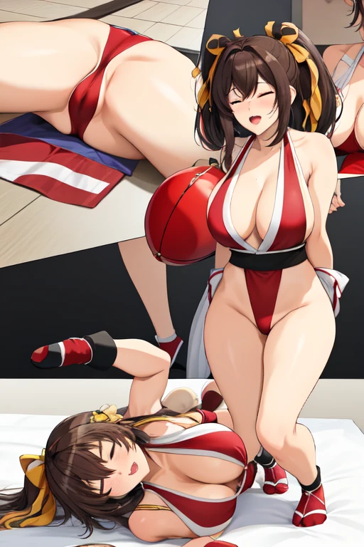 masterpiece, best quality, beautiful art, high resolution, well formed hands, body and fingers, 1 woman, solo, Haruhi Suzumiya, 31 years old, red makeup, red lipstick,adult, grown up,  cosplaying as Mai Shiranui , mai_shiranui_cosplay, adult, large and big breasted, cleavage, full body , hair ribbon, gorgeous legs and, thighs, sexy Japanese clothes, hair ornament , sexy and bare legs , hips and thighs, panties peek, ryona , in peril, she is being beaten up by her opponent, closed eyes, she is knocked down and she is slapped in the face , she falls down backwards, falling down on the floor, receiving the impact of her opponent's attacks, closed eyes, screaming in pain and agony, heroine in peril, ryona and perilous scene, bouncing breasts, weak and helpless, martial arts tournament on the beach f