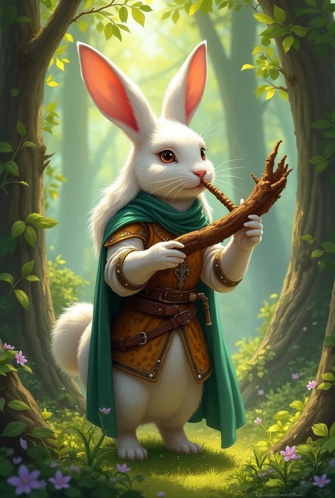 rpg style, semi-realistic, concept art style, full-body, anthropomorphic hare female with white fur, white long hair, playing wooden ocarina that looks like a branch, medieval clothes, light leather armor, bard, minstrel, in the woods, forest background