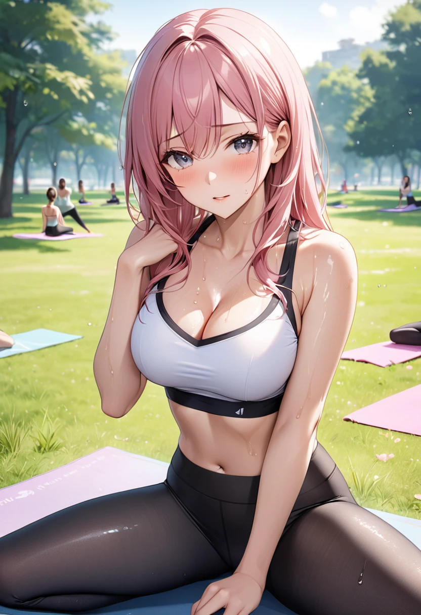 8k,Highly detailed CG unit wallpaper,masterpiece:1.2,Highest quality,Ultra-high resolution,RAW Photos,absurdres, 30 year old beautiful girl,mature female,Medium Breast,cleavage,Pink Hair,Long Hair,Cute like an idol,Beautiful eyes,moistened eyes,White croptop,dark grey leggins,((sweat,wet)),grass,park,yoga,yoga,yoga,